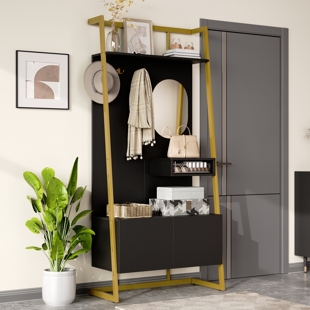 Mueble recibidor con espejo ganchos y zapatero negro 180,5x78x38,5cm