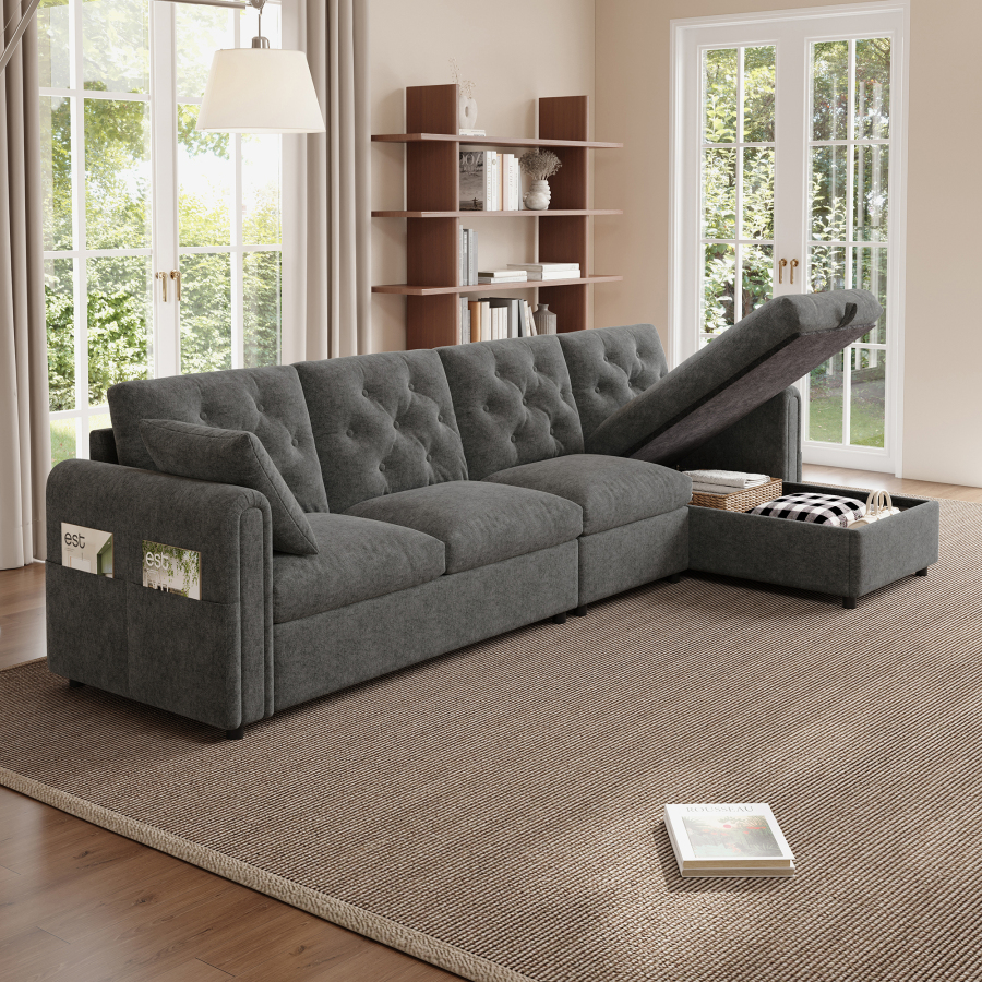 Sofá cama en l terciopelo gris arcón chaise longue reversible bolsillos