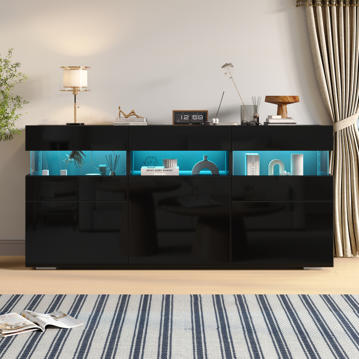 Aparador para salón con LED y 3 puertas negro 66.5x140x40.5cm