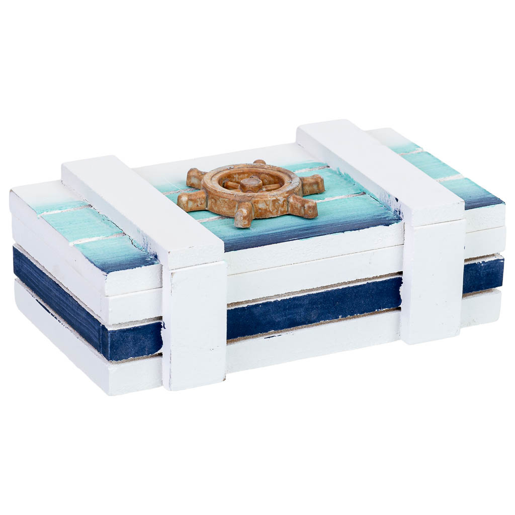 Caja de madera decorativa con timón azul 14.5x10x5h cm