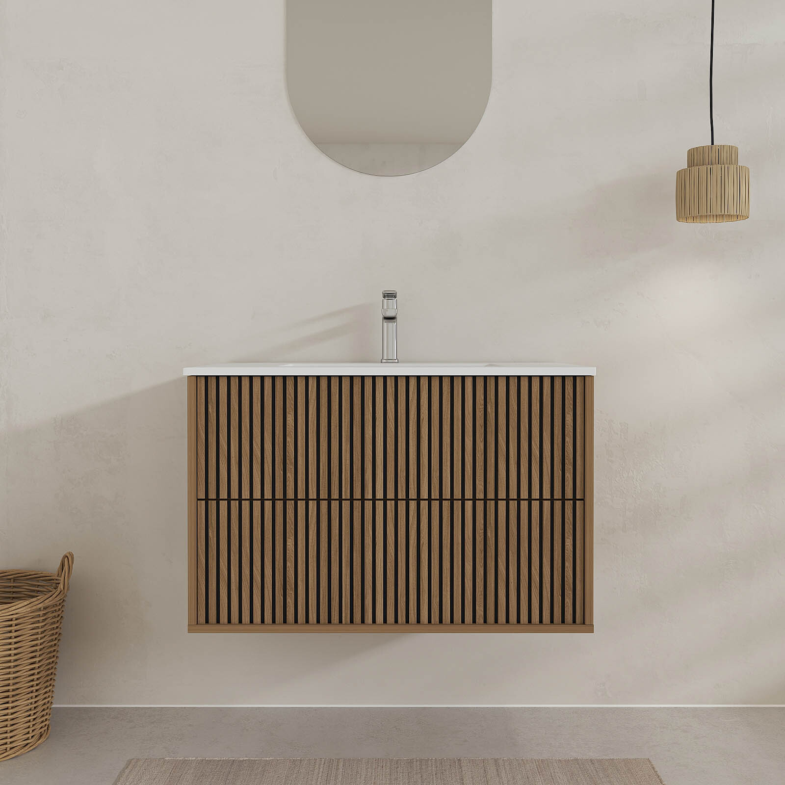 Mueble de baño yuki 80 - acanalado roble y negro - lavabo blanco mate