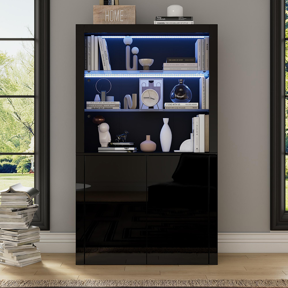 Vitrina de alto brillo, 2 estantes de cristal, negro