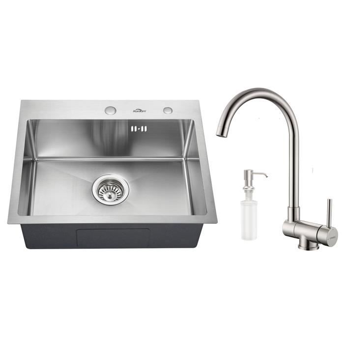 Fregadero de 1 lavabo, 55x45x18,5 cm, fregadero cepillado con grifo de coci
