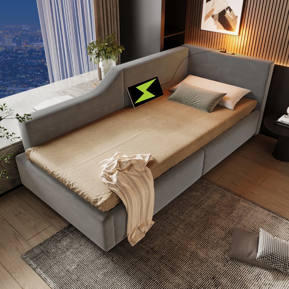 Cama tapizada 90x190 cm con almacenaje hidráulico terciopelo – color gris