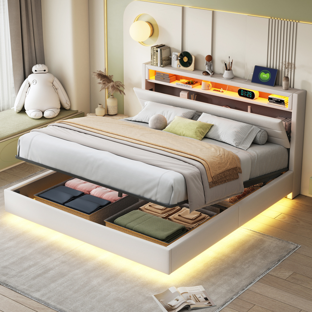 Cama tapizada 160x200cm con canapé hidráulico, LED y usb lino – color beige