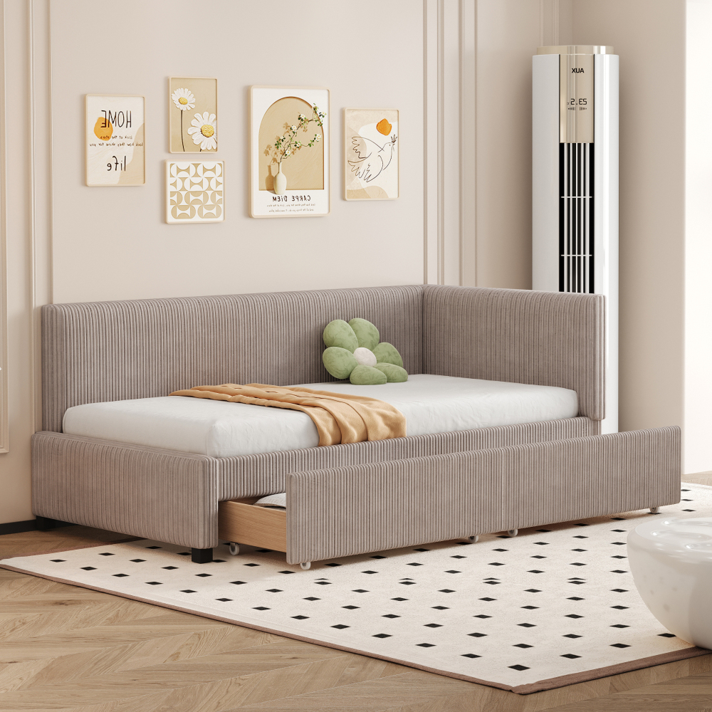 Sofá cama tapizado 90x200 cm con 2 cajones y somier de láminas – gris