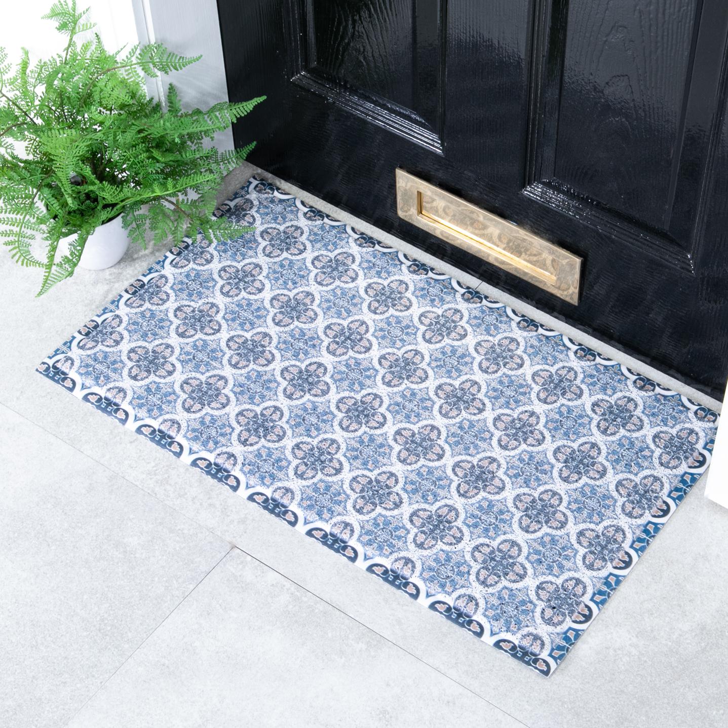Felpudo para exterior con diseño de mosaico azul (70 x 40 cm)