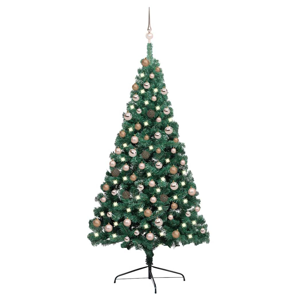 vidaXL medio árbol de navidad con luces y bolas verde 180 cm