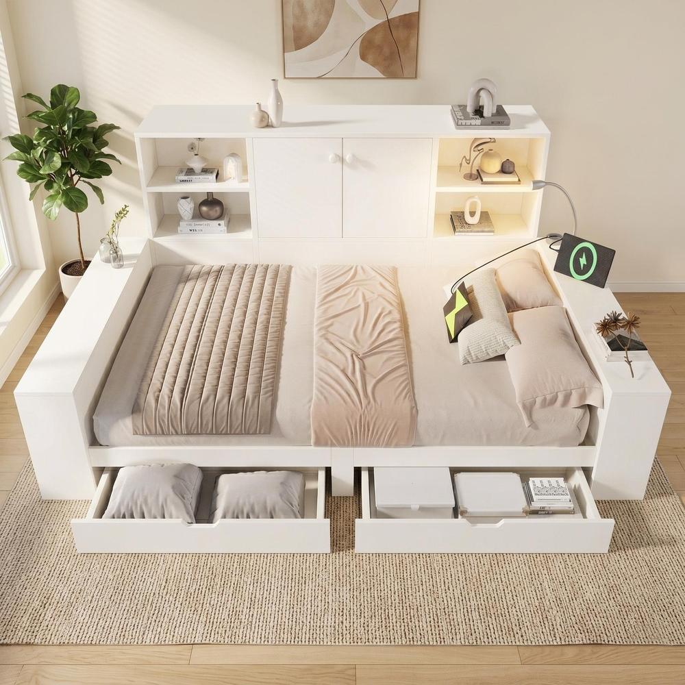 Cama 140x200cm con almacenaje y cajones, cabecero usb LED, blanco