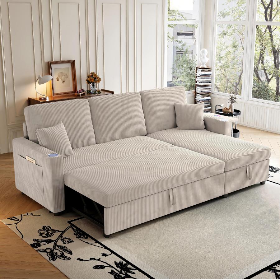 Sofá cama en l modular pana beige con almacenaje y usb