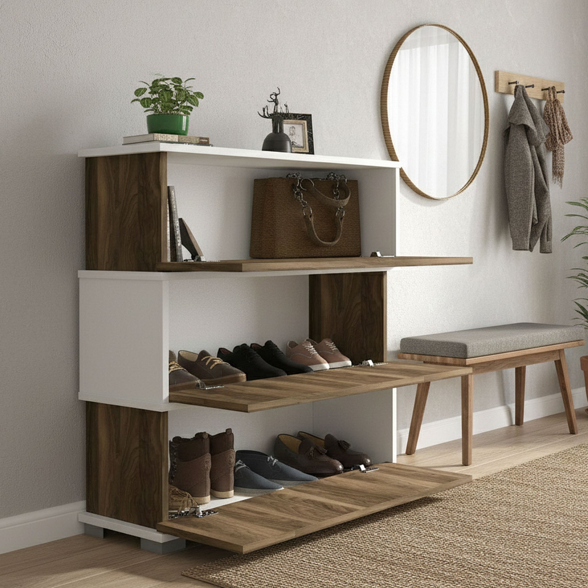 Zapatero astrubale, 3 compartimentos, madera nogal 90x30x93h cm