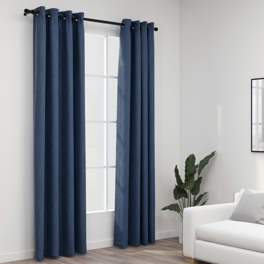 Cortinas opacas con ojales look de lino 2 pzas azul 140x225 cm es6061
