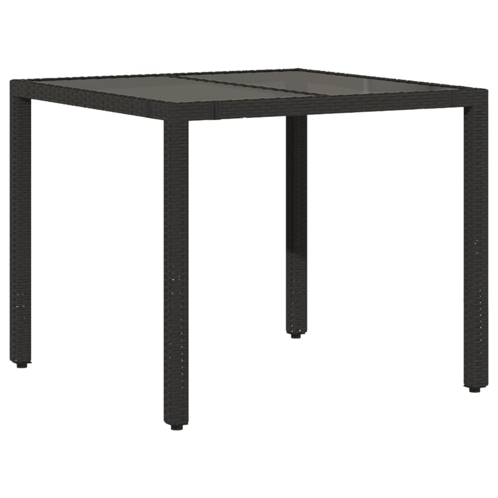 vidaXL mesa de jardín superficie de vidrio ratán pe negro 90x90x75 cm