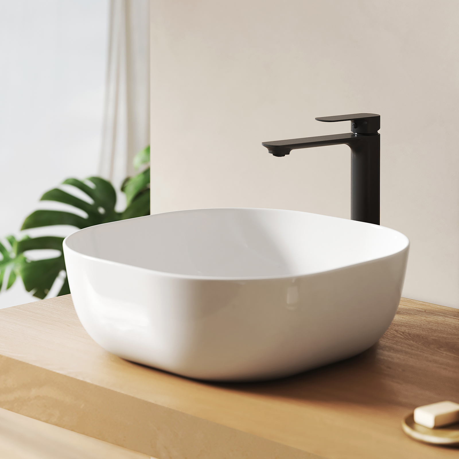 Emke lavabo cuadrado de encimera de cerámica 42x42x15cm, blanco brillante