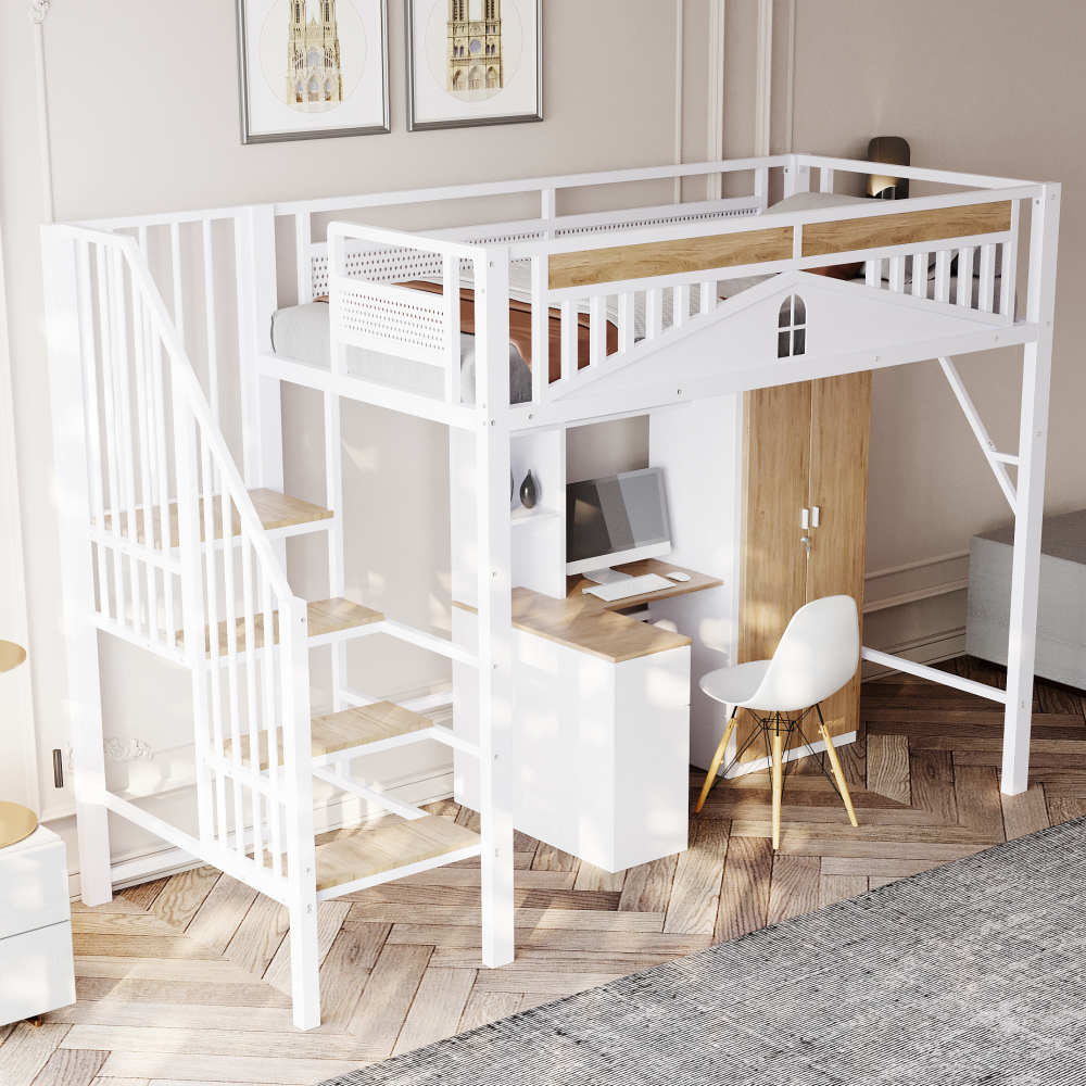 Cama alta metálica 90x200cm con barandilla, escalera y almacenaje – blanco