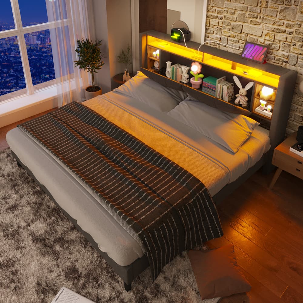 Cama tapizada 140x200cm con cabecero, usb y LED madera maciza – gris