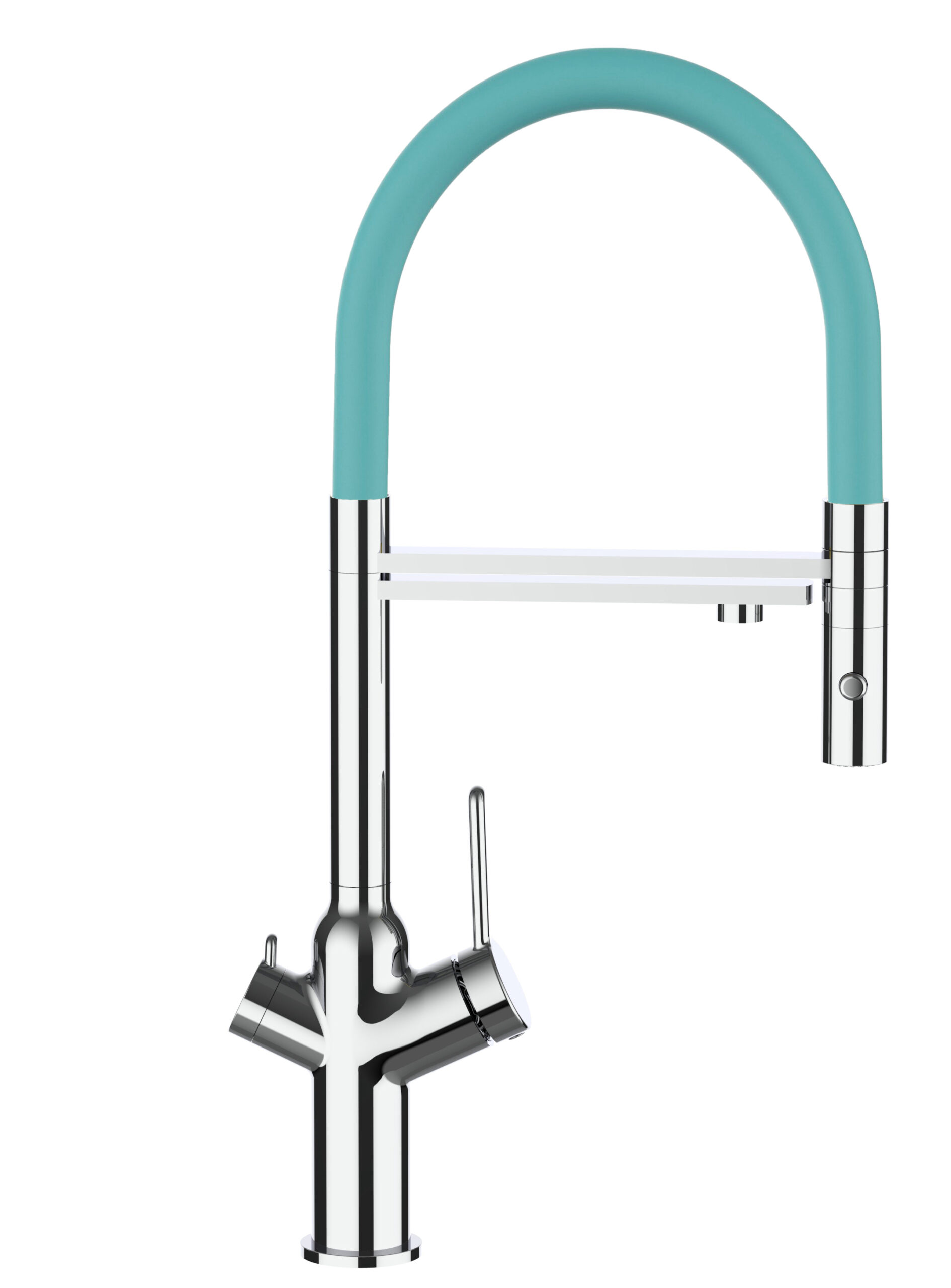 Grifo de cocina 3 vías cromado BOD caño giratorio turquesa ducha 2chorros