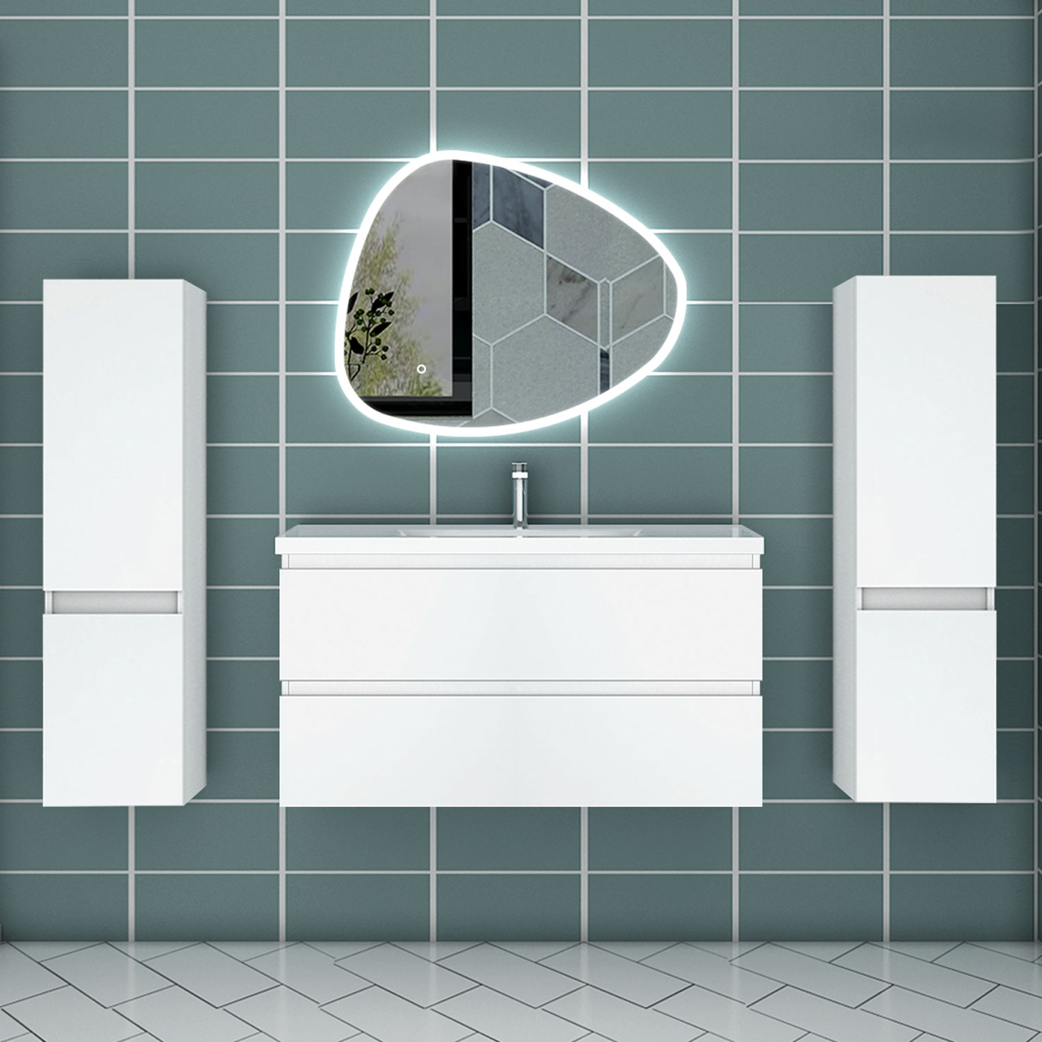 Mueble de baño aica 99×44,5cm,blanco con espejo y armario lateral