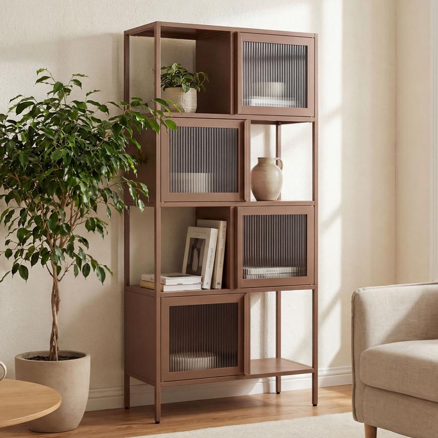 Estantería KIARA 170cm metal marrón 4 puertas vidrio acanalado