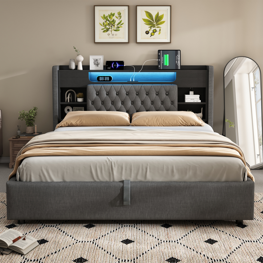 Cama tapizada 140x200 cm con canapé, LED y usb c lino – color gris