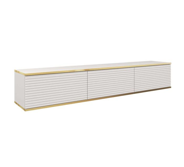 Mueble de tv con lamas blancas, 175 x 32 x 30 cm, push to open