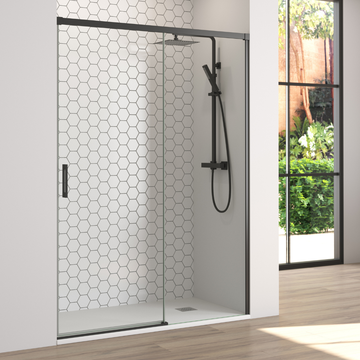 Mampara ducha frontal corredera 155 cm (adaptable 149-154cm) negro mate