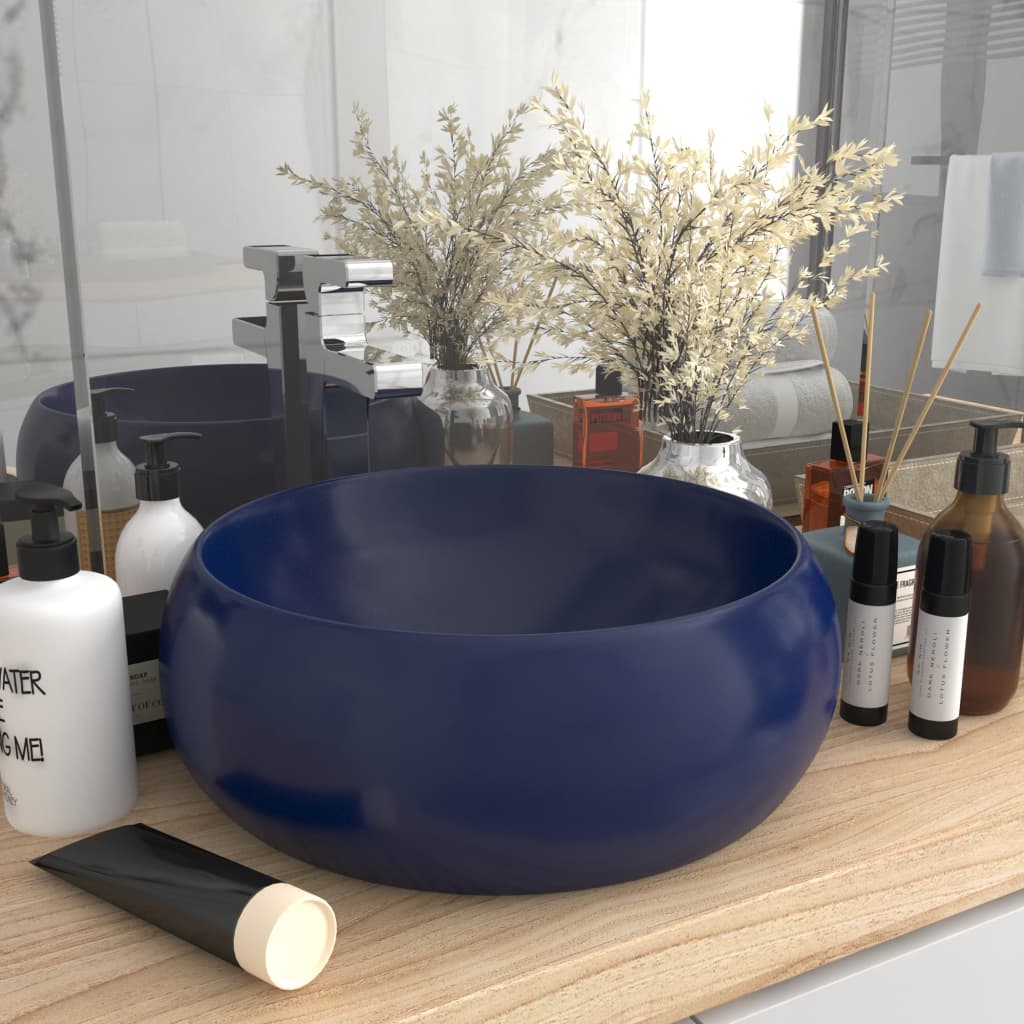 Lavabo de lujo redondo cerámica azul oscuro mate 40x15 cm es6394