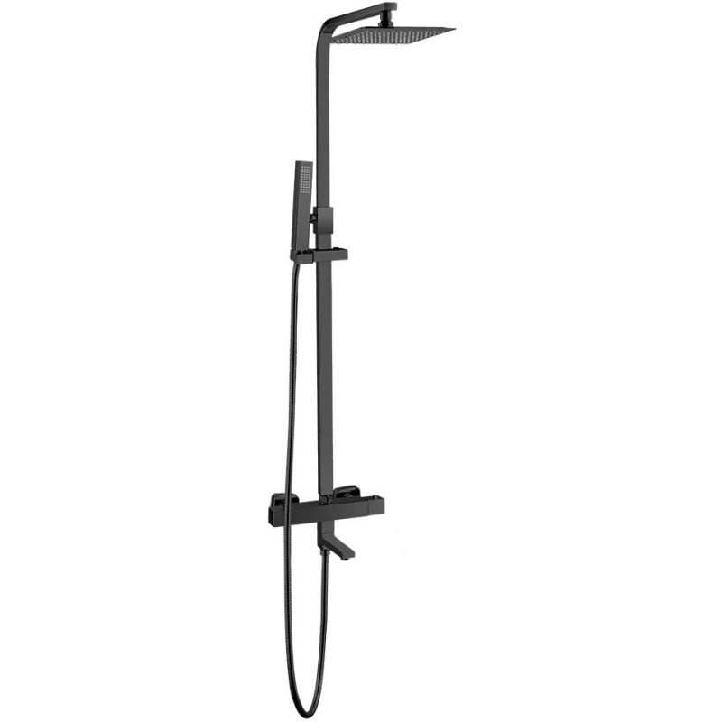 Valaz barra de ducha/bañera termostática cuadrada 145cm negro mate - 20cm