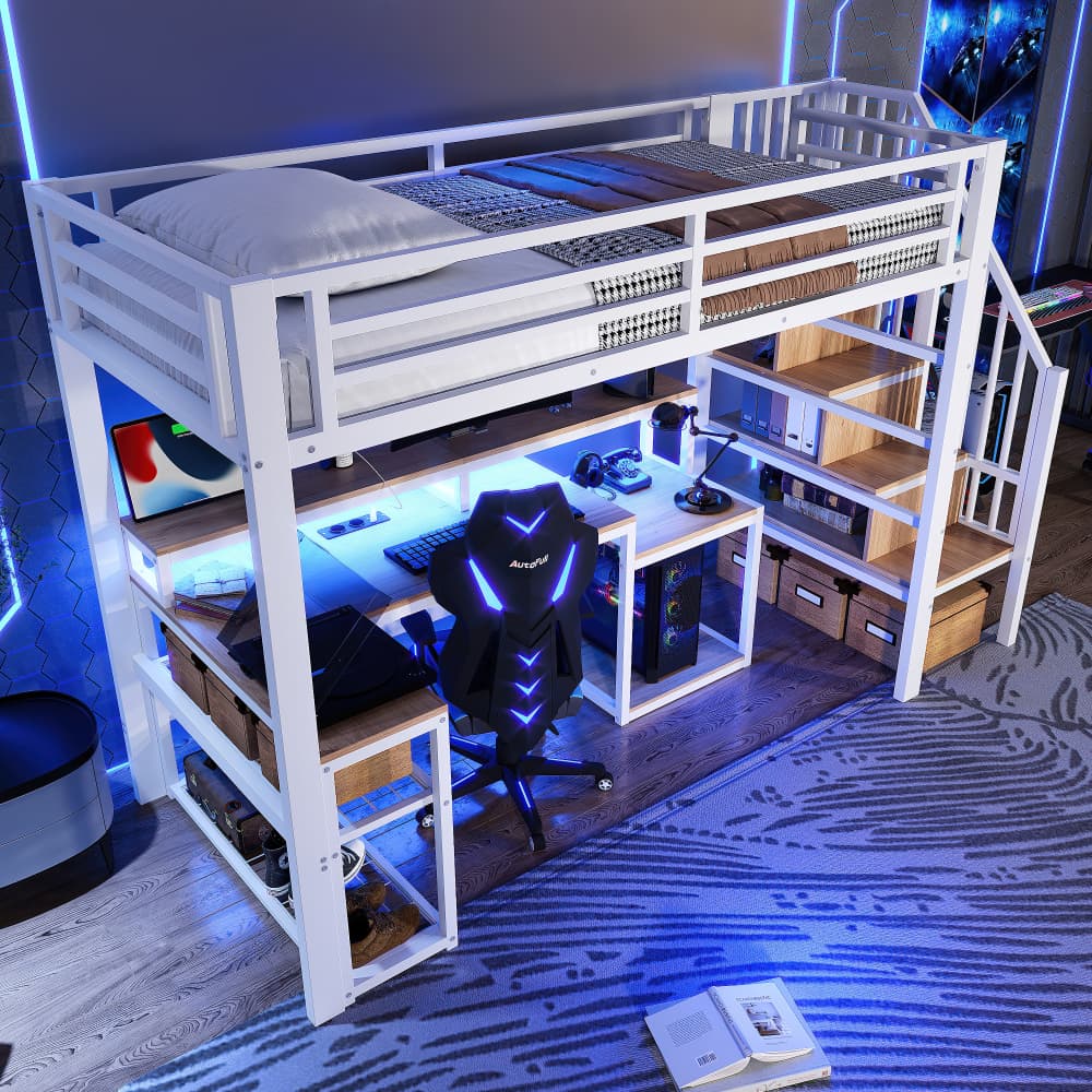 Cama alta 90x200cm con escritorio LED usb y almacenaje metal color blanco