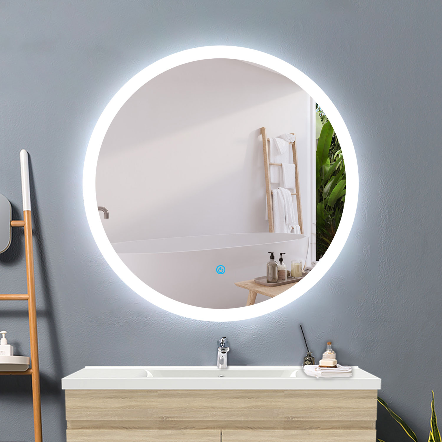 Aica espejo de baño LED redondo 60cm,interruptor táctil,antivaho