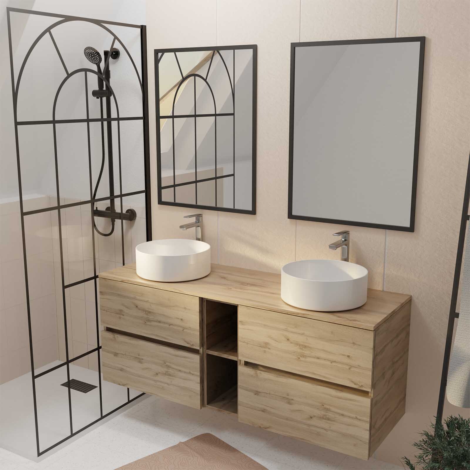 Mueble de baño 140 roble - 4 cajones - 2 lavabos blancos - 2 espejos 60x80