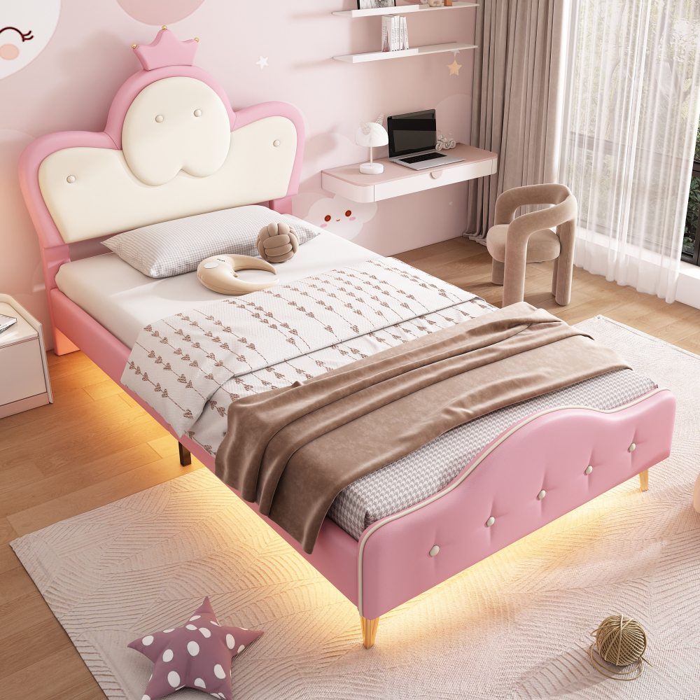 Cama infantil tapizada 90x200cm con LED y cabecero corona pu–blanco y rosa