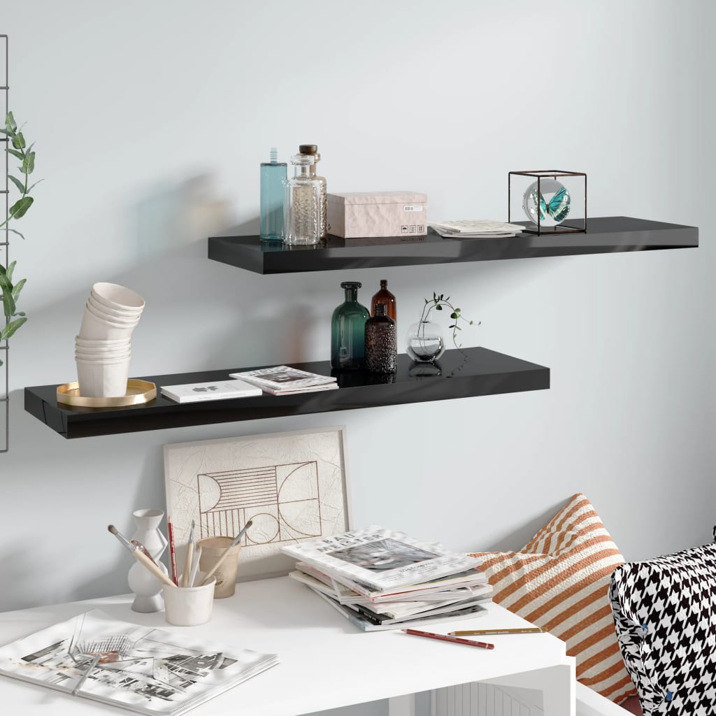 Estantes flotantes pared 2 uds mdf negro brillo 90x23,5x3,8 cm es8819