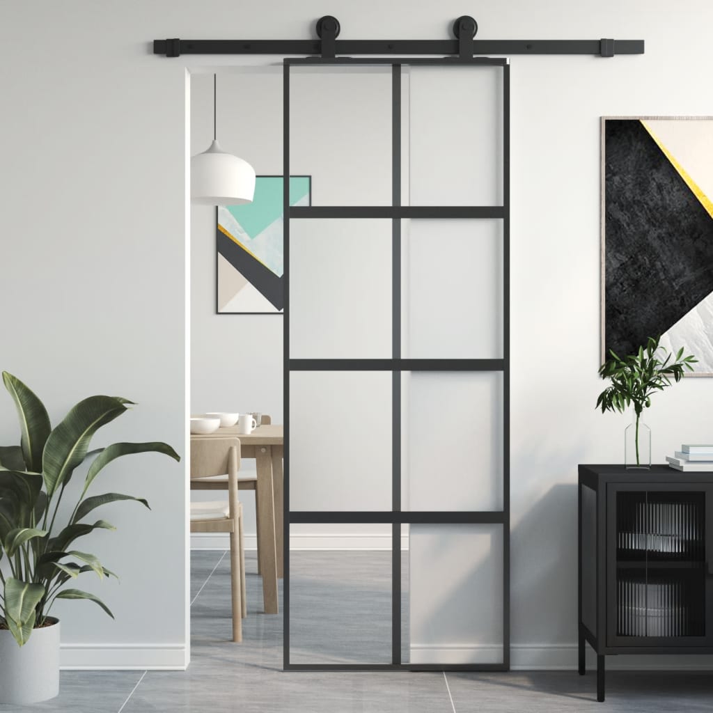 Puerta corredera vidrio templado y aluminio negra 76x205 cm esxt2524