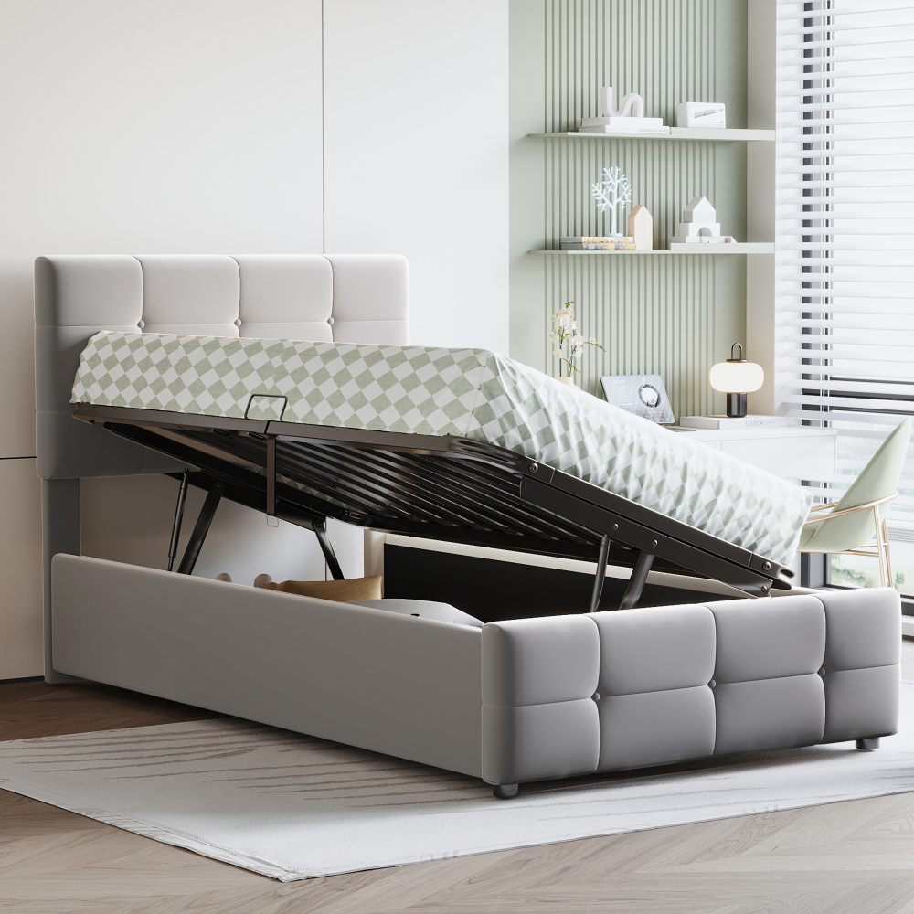 Cama individual tapizada 90x200cm con canapé hidráulico terciopelo gris