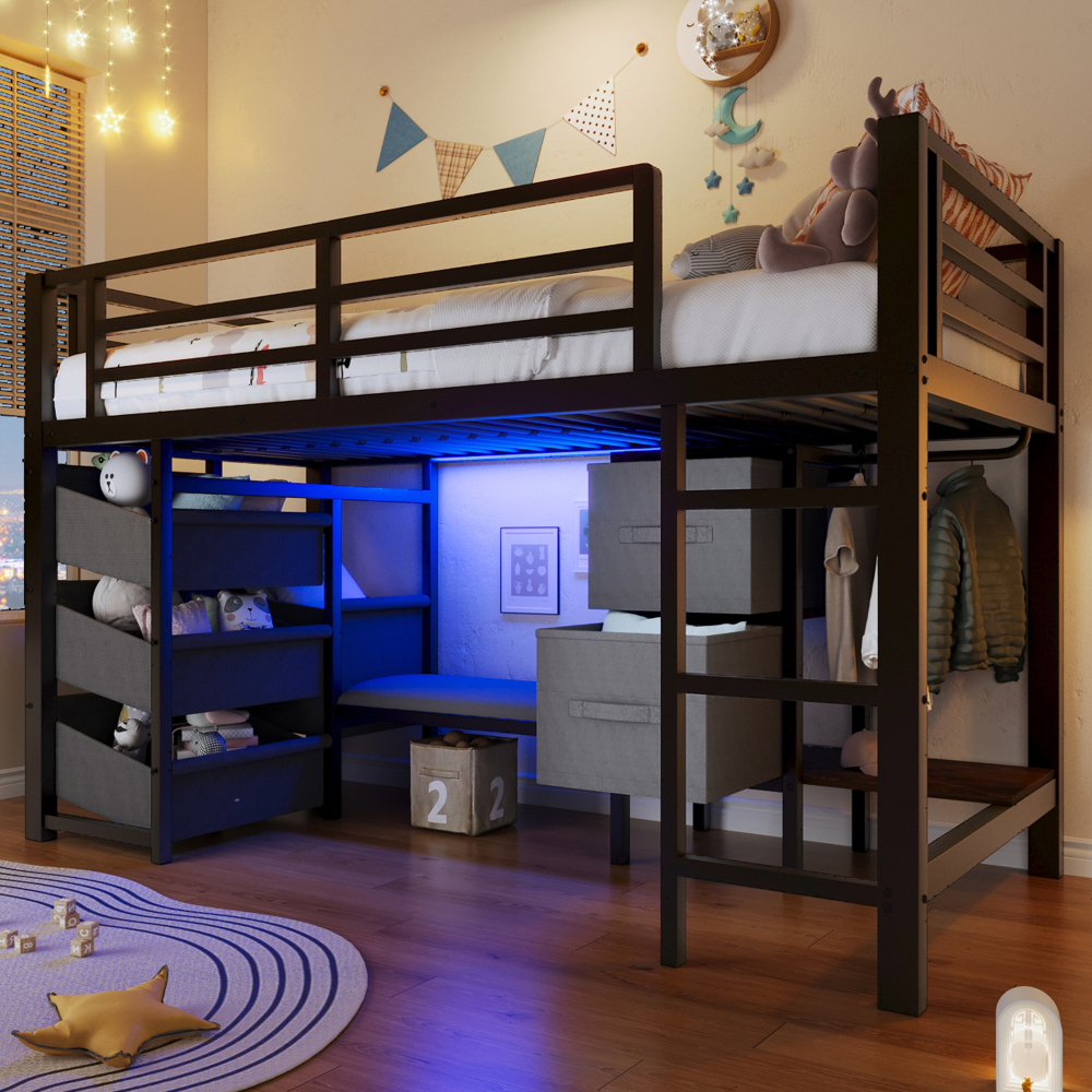 Cama metálica semialta 90x200 cm con LED y almacenaje – color negro