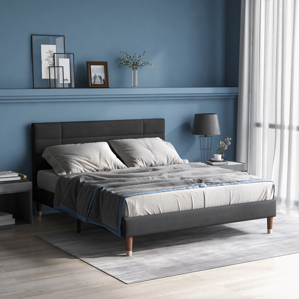 Cama tapizada 140x200 cm con colchón y cabecero lino – color gris