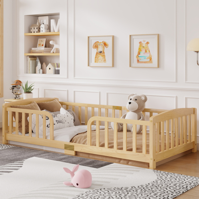 Cama individual 90x200cm con barrera y acceso central madera natural