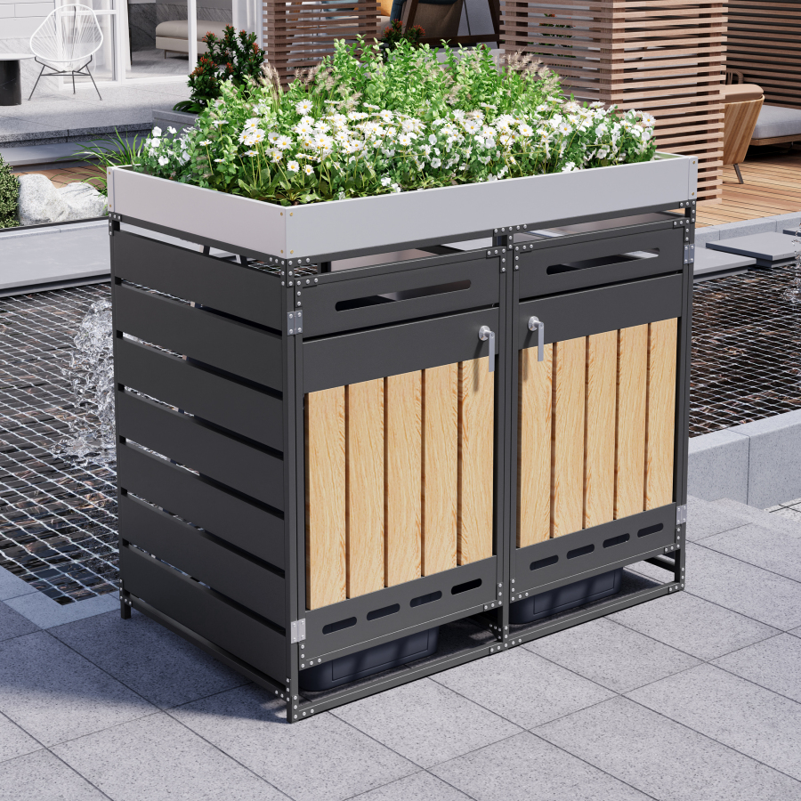 Armario Para Cubos De Basura Exterior Con Jardinera Superior Puertas Negro
