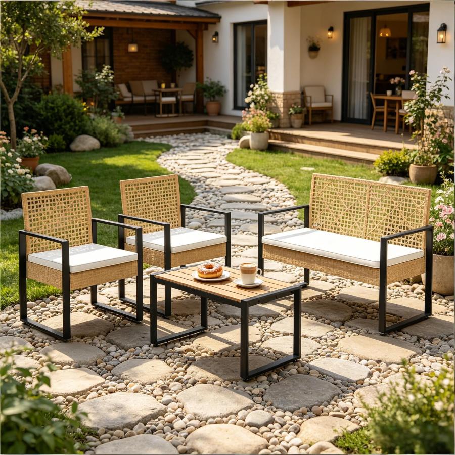Conjunto muebles jardín ratán color madera 4 piezas sofá 2 sillones mesa