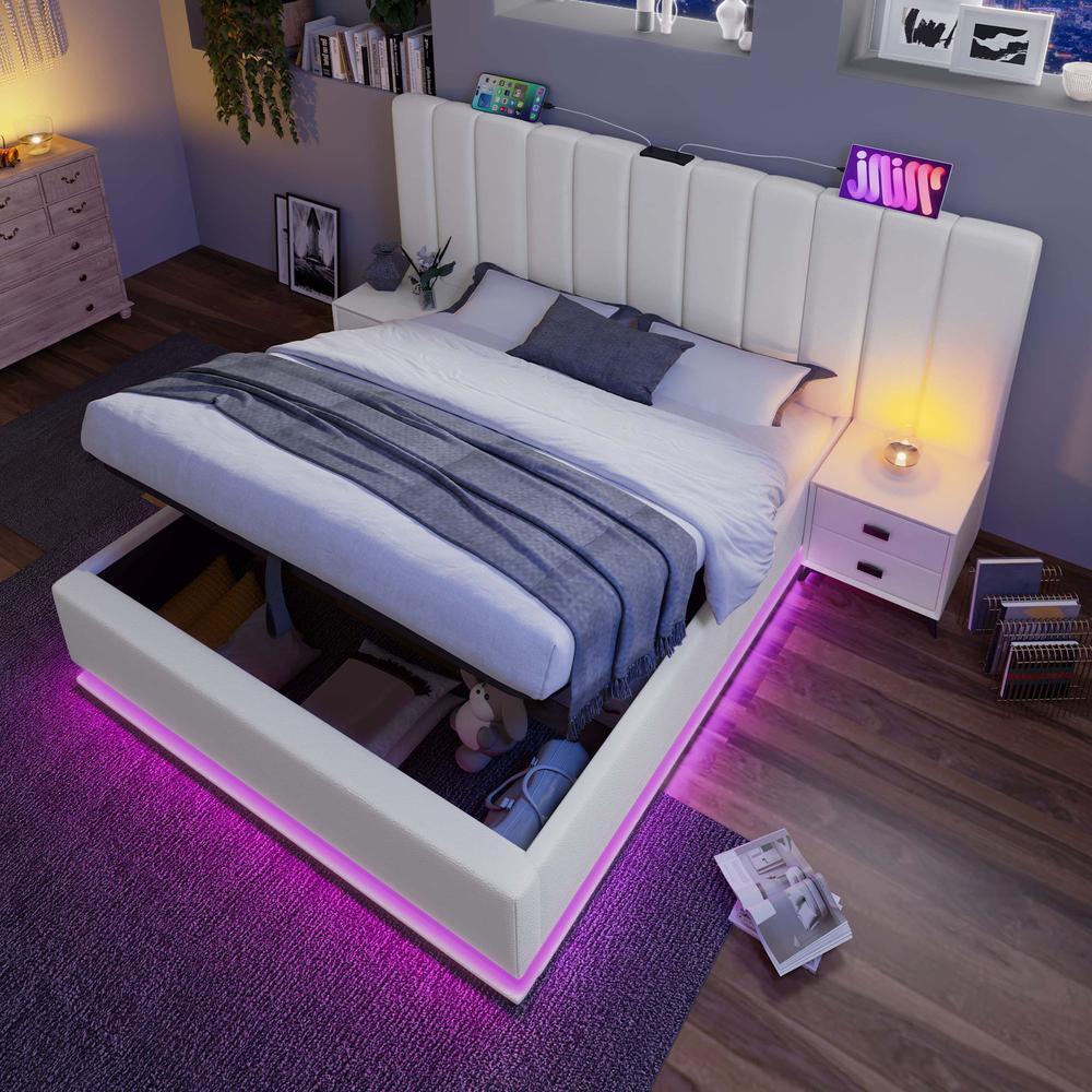 Cama doble 180x200cm con LED, usb-c y almacenaje hidráulico blanco