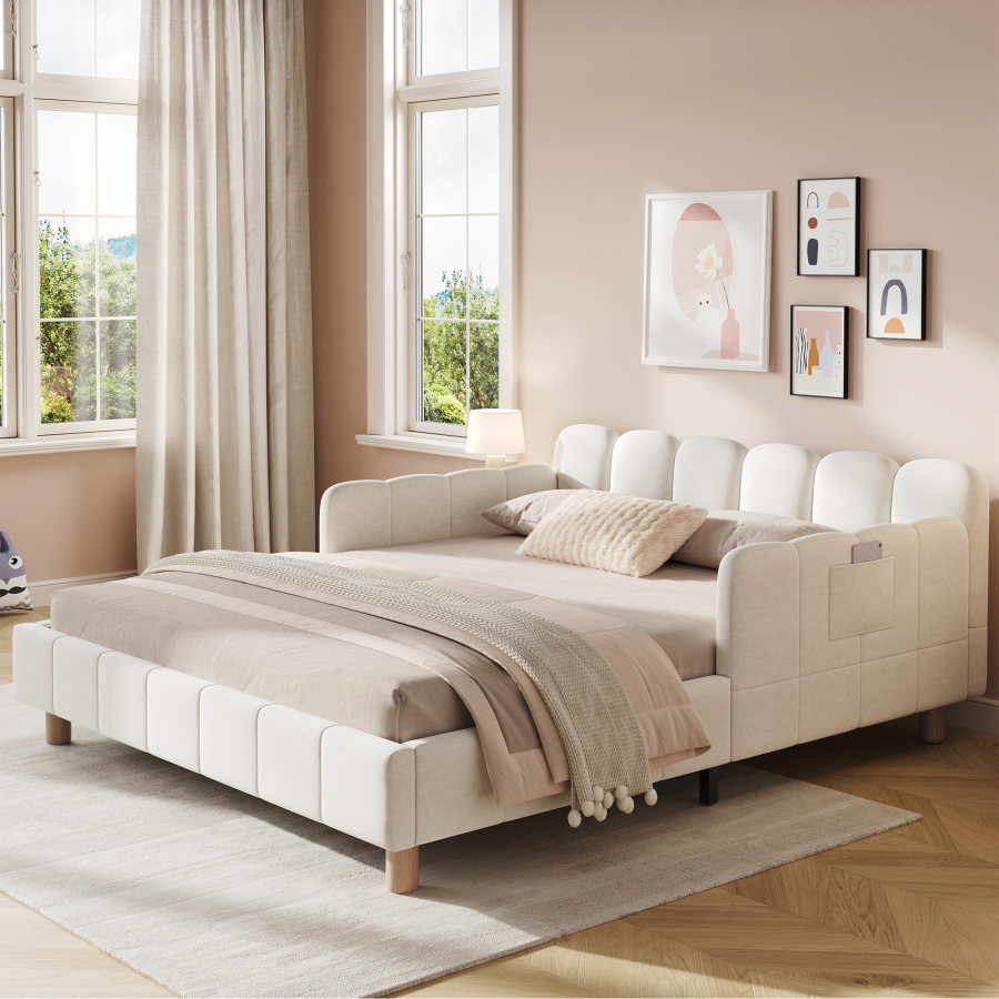 Cama tapizada 140x190cm con barandilla ajustable terciopelo beige