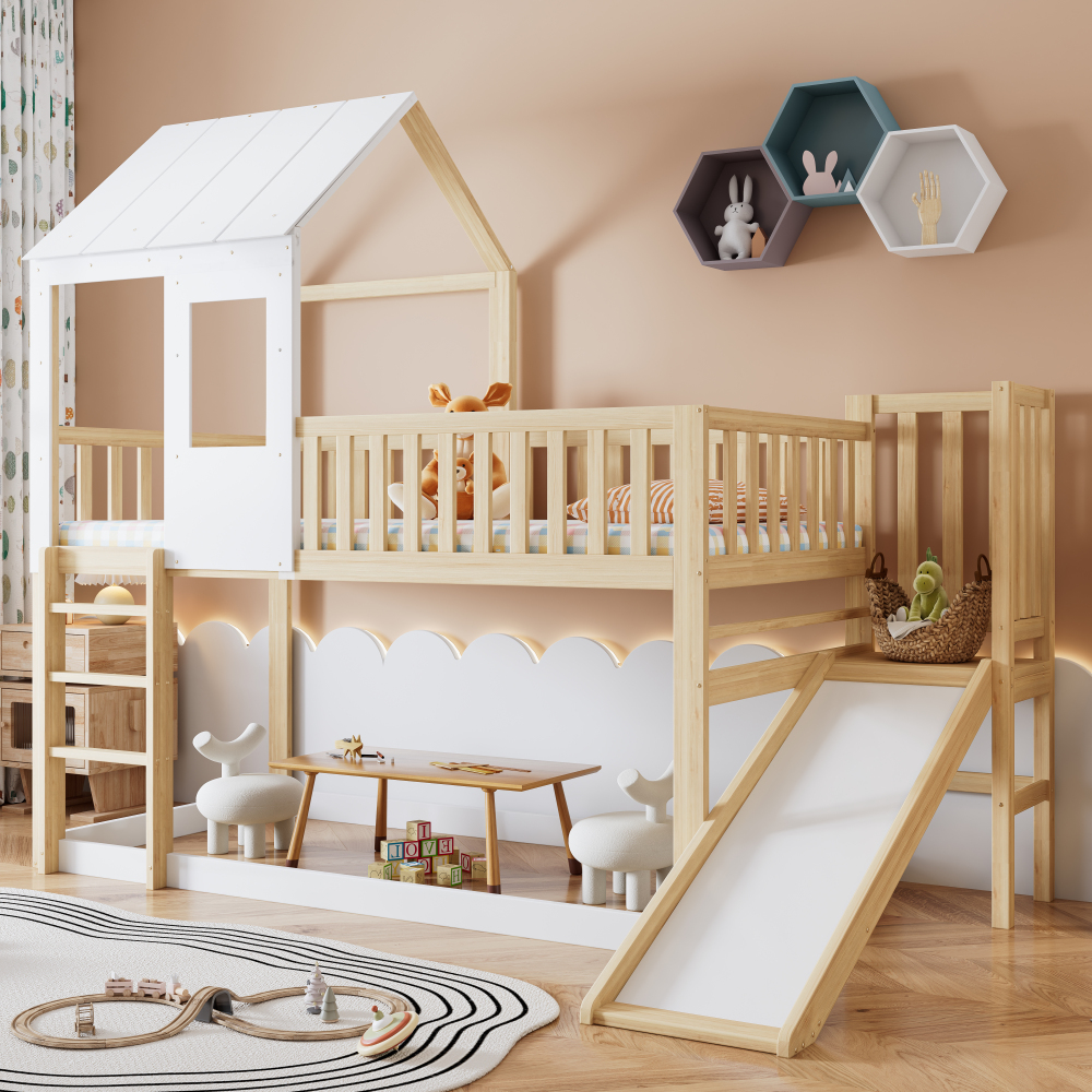 Cama alta casita 90x200cm con tobogán y escalera madera – natural y blanco