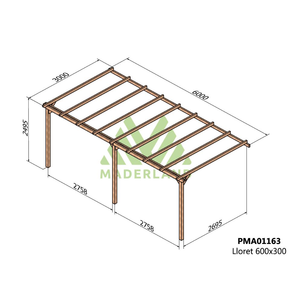 Pérgola de madera maciza adosada - lloret ad. 600x300cm (maderland)