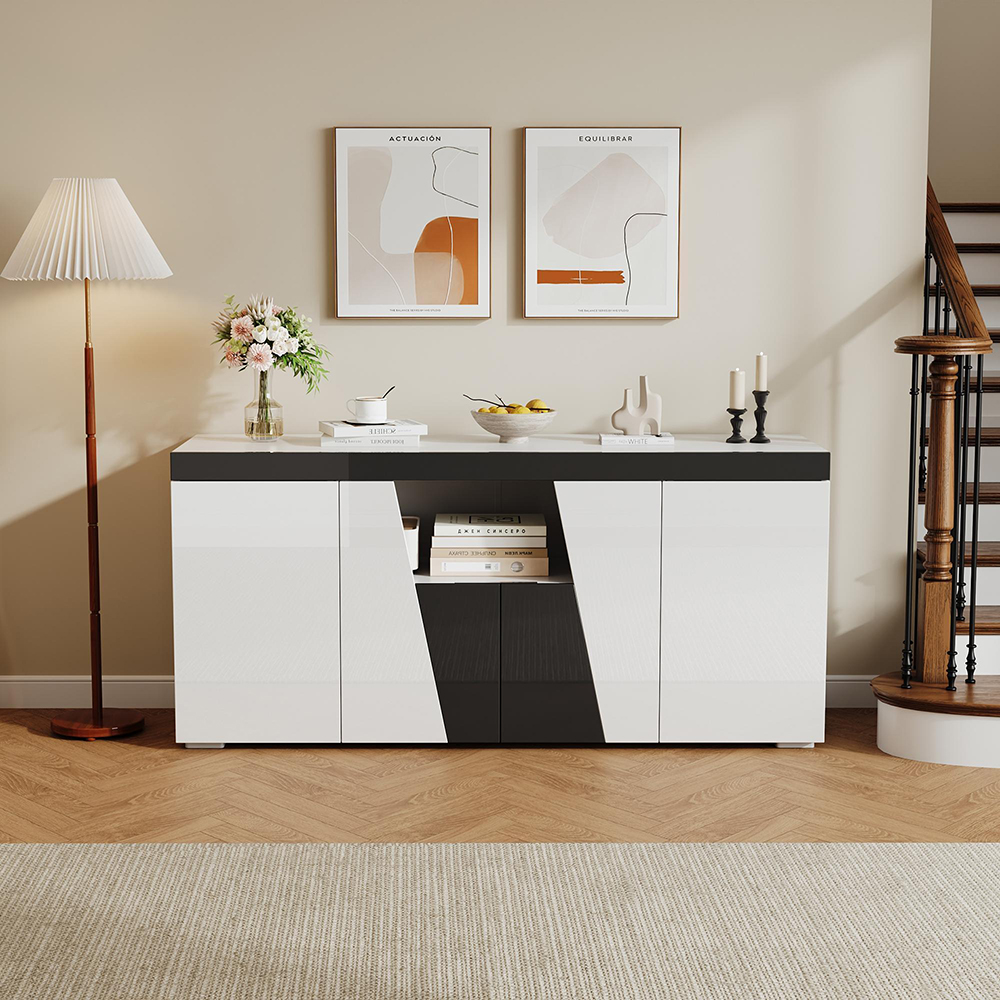 Mueble esquinero para la sala, blanco y negro,tira de luces LED.