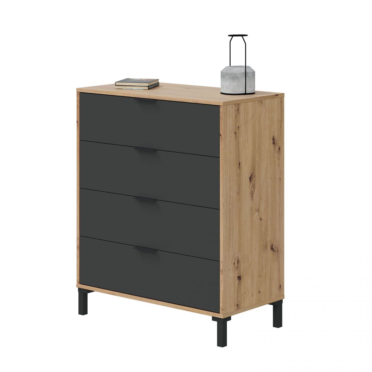 Comoda enzo 4 cajones - decoración antracita y roble - l 77,5 x p 40 x h 93