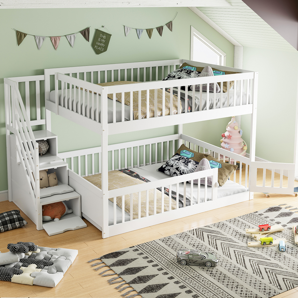 Litera 140x200cm con escalera con cajones madera maciza – blanco
