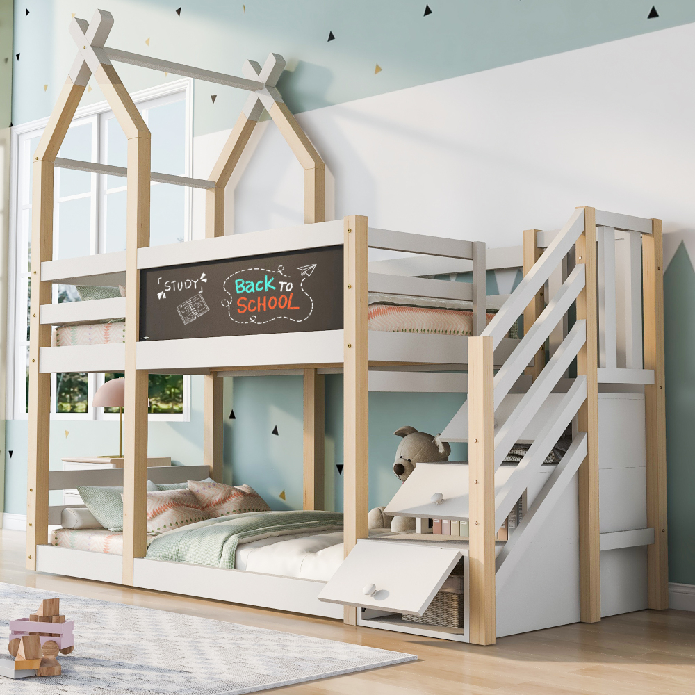 Litera 90x200cm con barandilla, pizarra y almacenaje madera y mdf – blanco