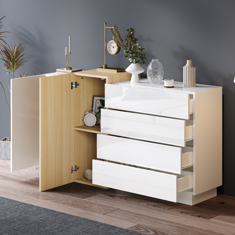 Aparador con 2 puertas y 4 cajones blanco brillo 76,5x140x35cm