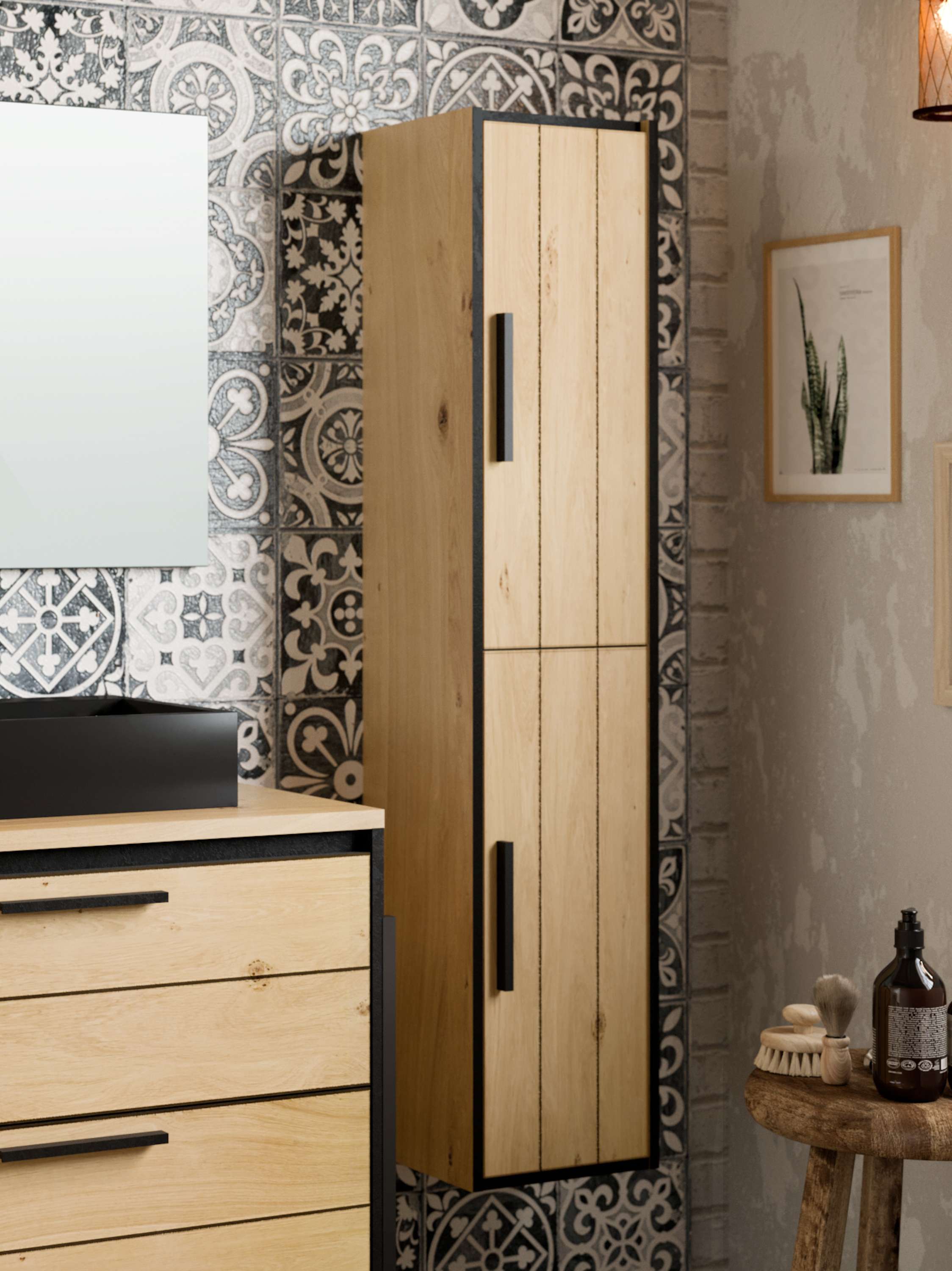 Columna de baño anais 2 puertas 140x30x25 roble y negro t-bath